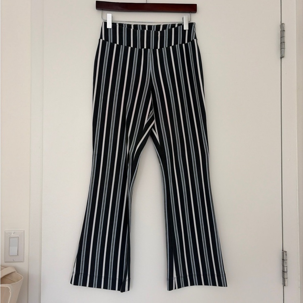 Insight Black and White Vertical Stripe Flare Trousers with Light Blue Accents